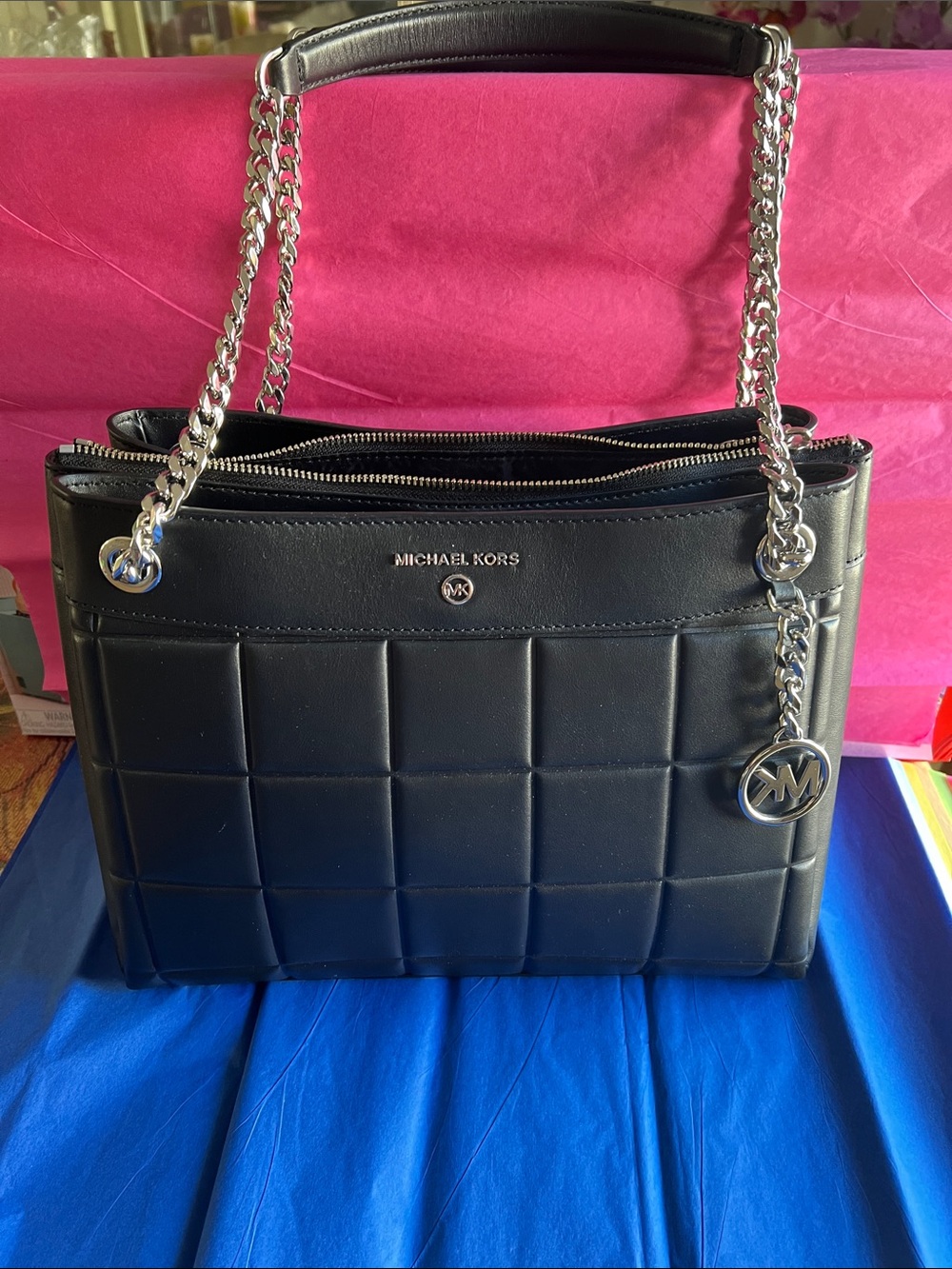 Michael Kors Black Quilted Leather Tote with Chain Handles NWT